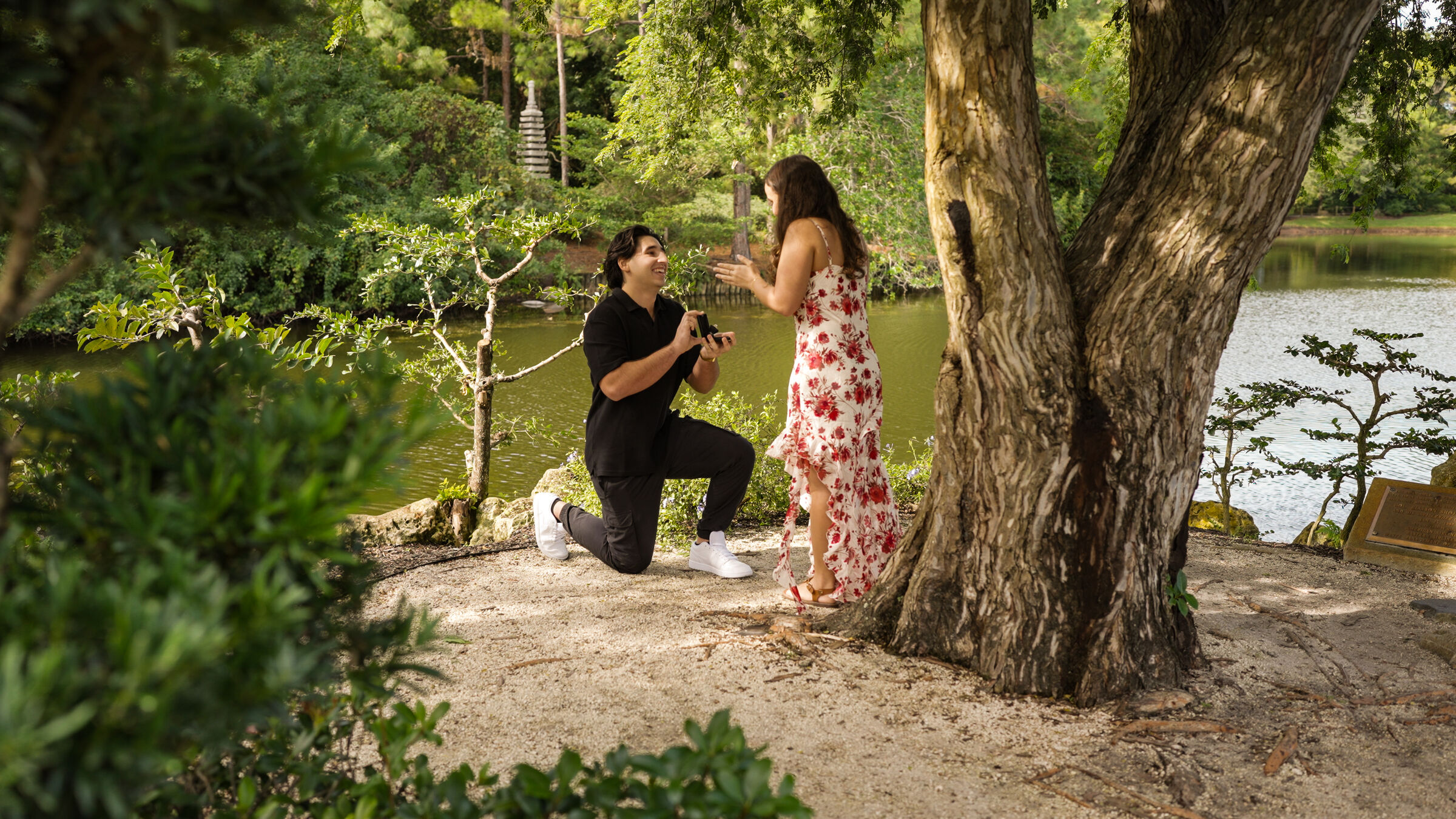 He drops to one knee by the lake