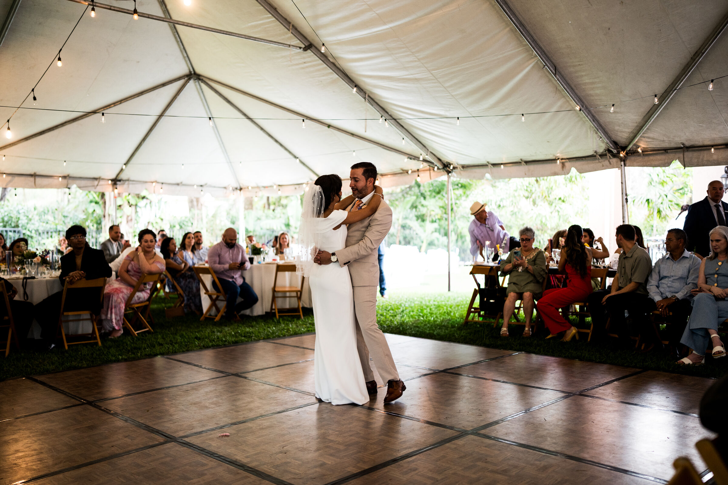 First dance under a string-lit tent